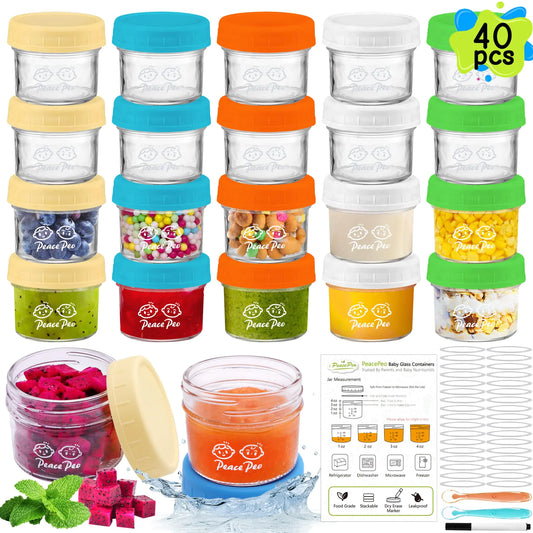PeacePeo 40 Pcs Baby Food Containers 4 OZGlass Baby Food Jars Leak-Proof Baby Food Storage Containers with Lids Reusable Baby Storage Jars Dishwasher Safe for Infant & Baby Food
