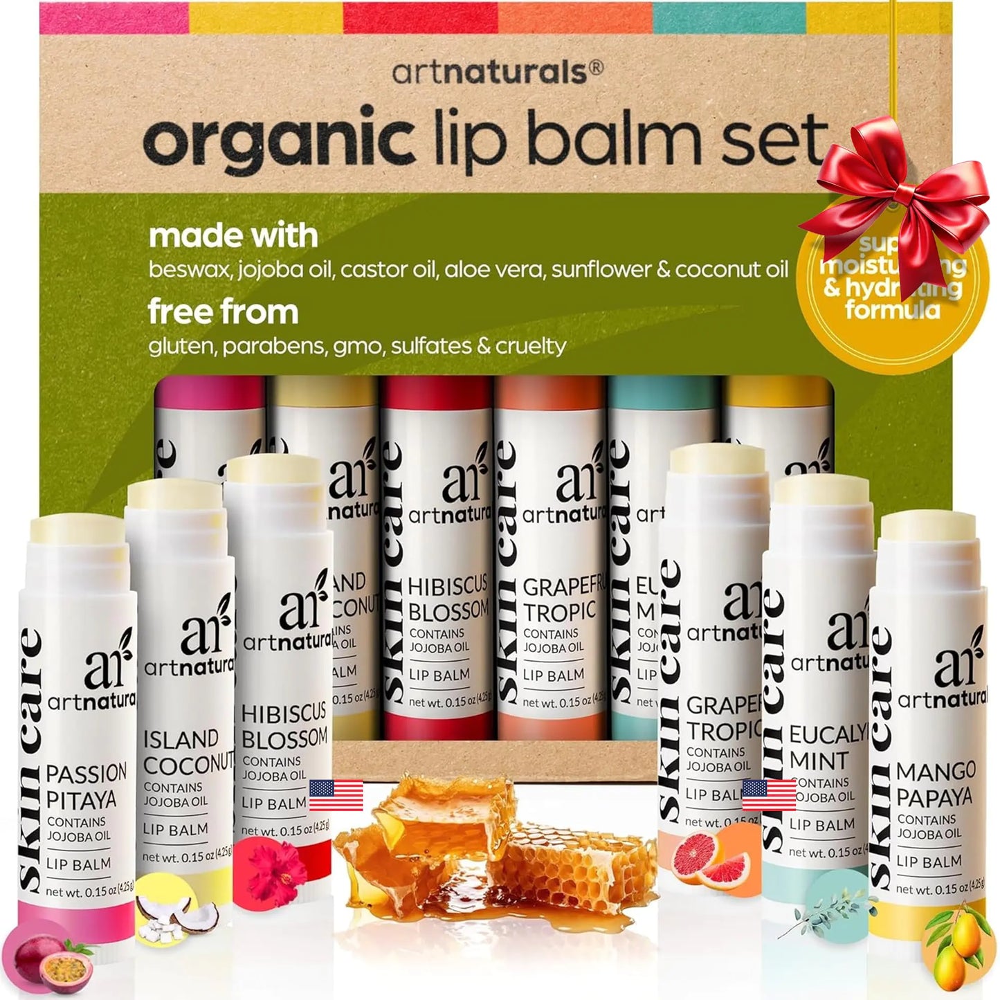 ArtNaturals Organic Beeswax Lip Balm Gift Set - Assorted Flavors with Aloe Coconut & Jojoba Oils